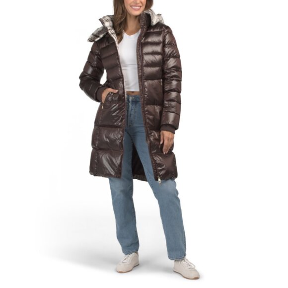 SCOTCH & SODA Plum Willemina Down Fill Mixed Media Long Channel Quilted Coat - Picture 1 of 2